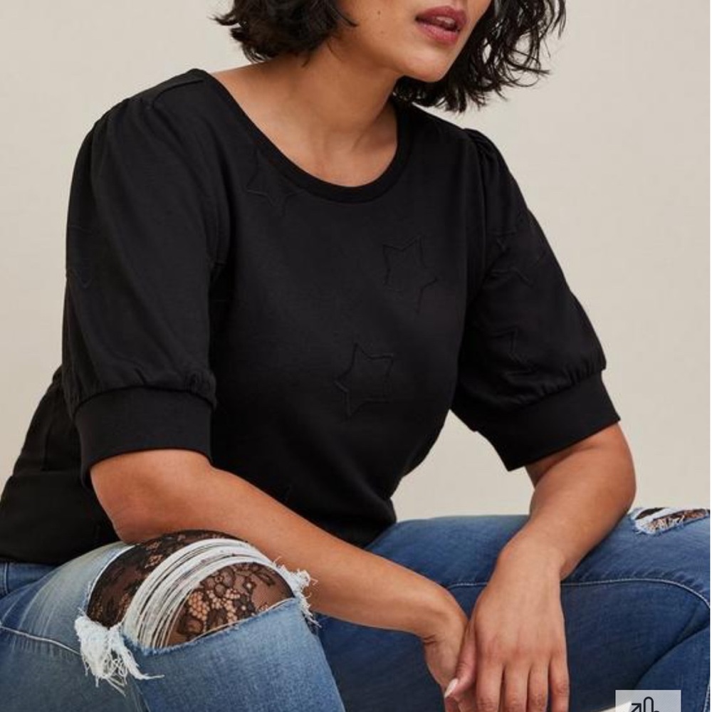 Lightweight Black French Terry Sweater with Star Embroidery and Puff Sleeves